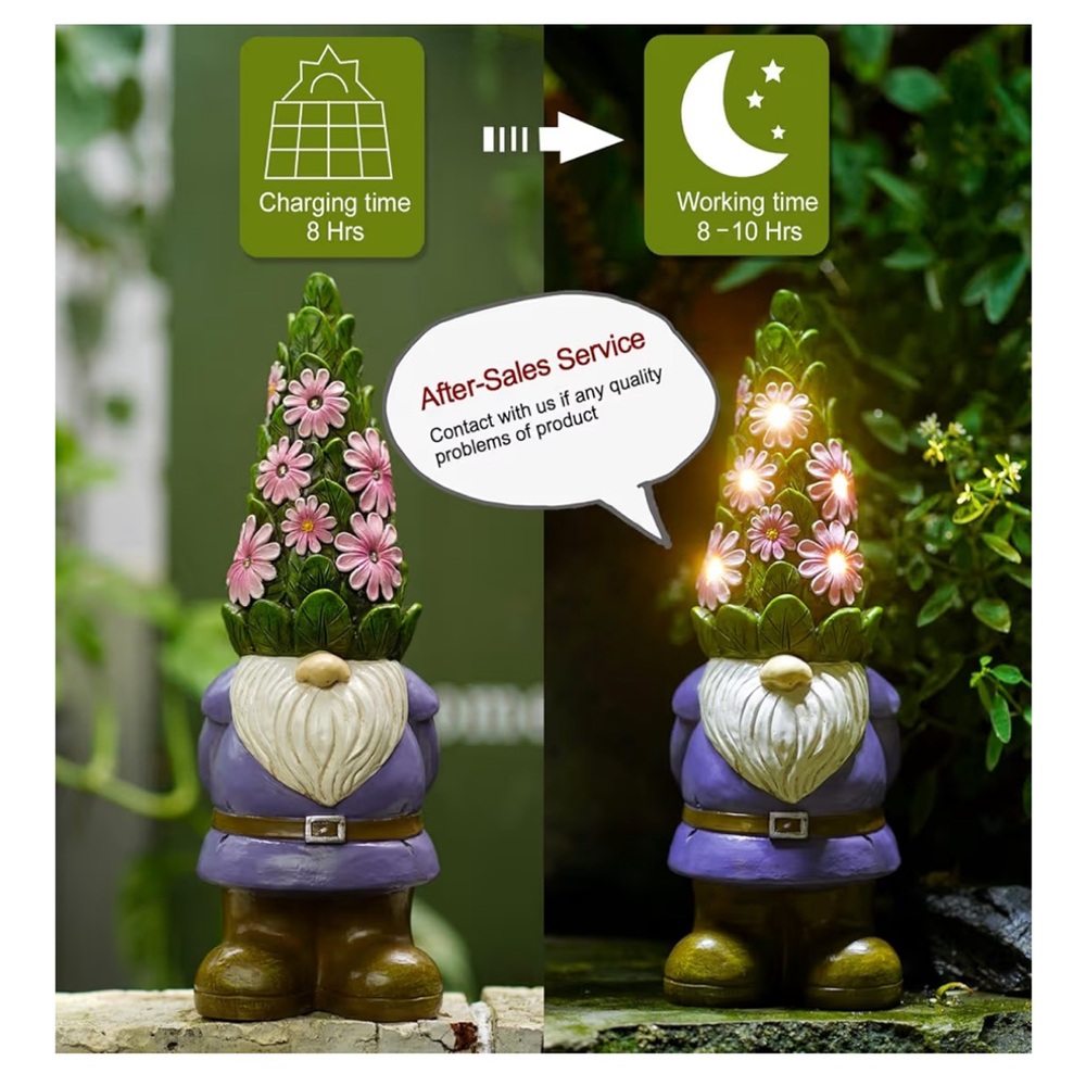 Garden Outdoor Statues Gnome with Succulent and 7 LED Lights - Picture 5 of 8
